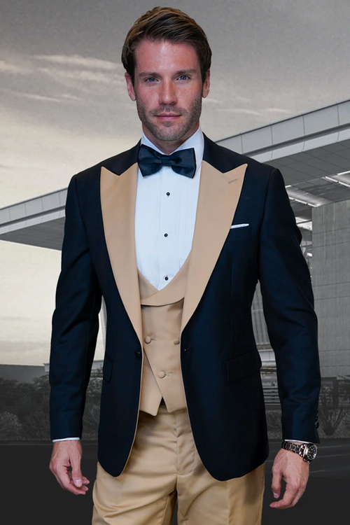 Men's Western Khaki Cowboy Tuxedo Suit – Black & Tan Beige Peak Lapel 3-Piece Vested Formal Cowboy Suit