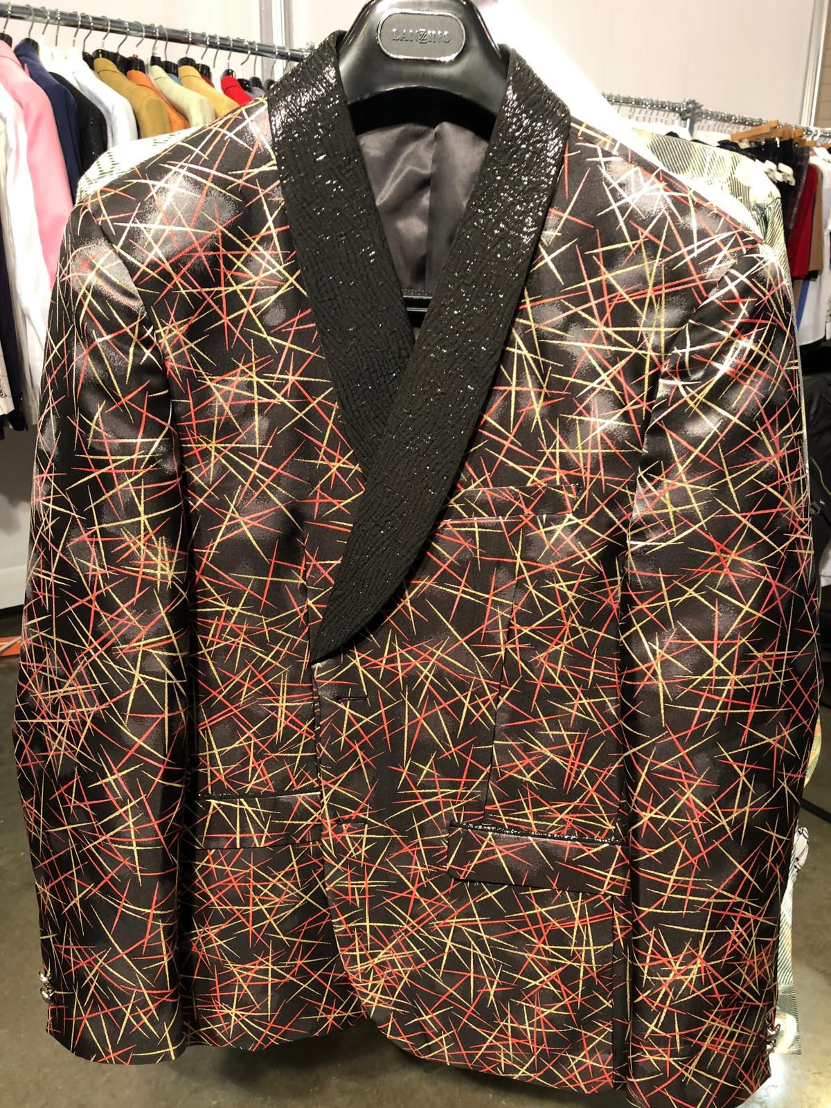 Men’s Black Shiny Designer Blazer with Red and Gold Pattern – Luxury Party & Wedding Jacket - 36 Short