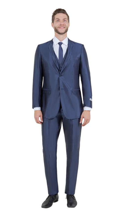 Mens Navy Blue Shiny Finish 3-Piece Suit Set Premium Tailored Fit Formal Wedding and Party Sateen Slim Fitted Suit