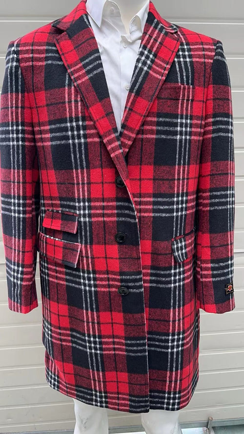 Mens Red Plaid Wool Overcoat Classic Tartan Check Long Coat for Stylish Winter Wear