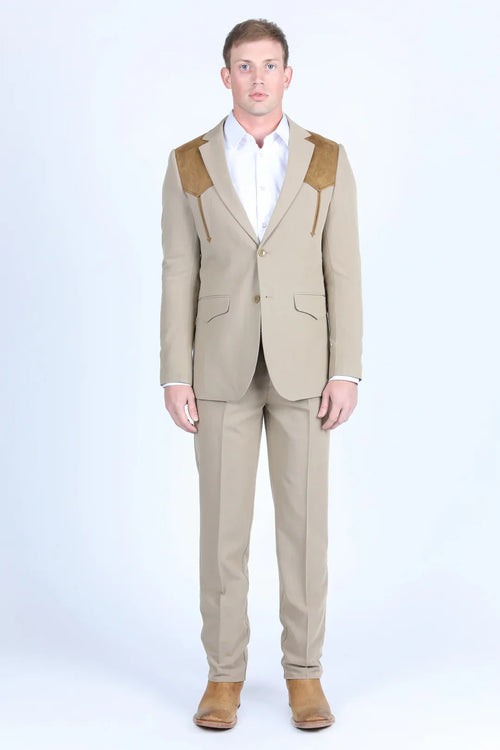 Men’s Khaki Western Blazer with Suede Yokes, Cowboy Sport Coat , Ranch and Country Events in Tan Khaki Color By Platini