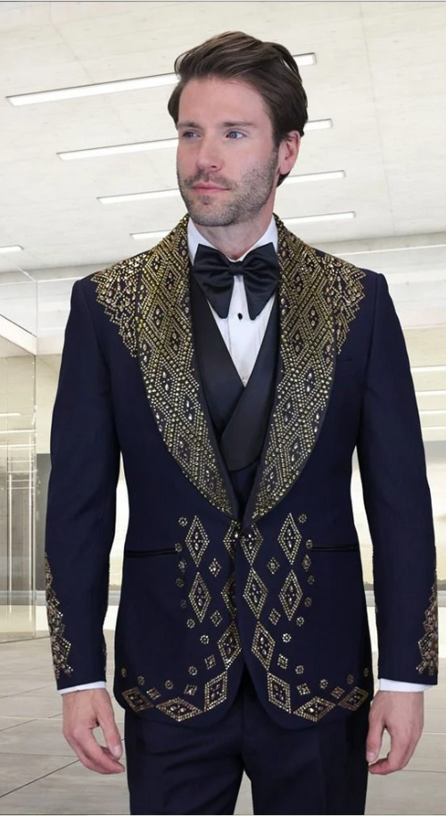 Mens Navy Tuxedo with Gold Embroidery Slim Fit Formal Dinner Jacket with Shawl Lapel