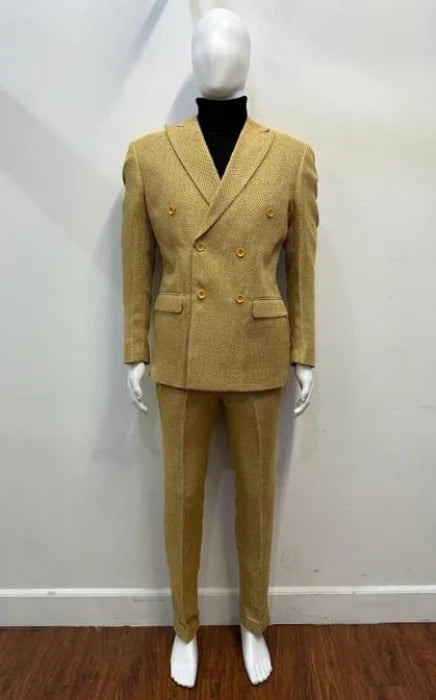 Mens Gold Double Breasted Suit Classic 1920s Camel Color Formal Slim Fit Suit