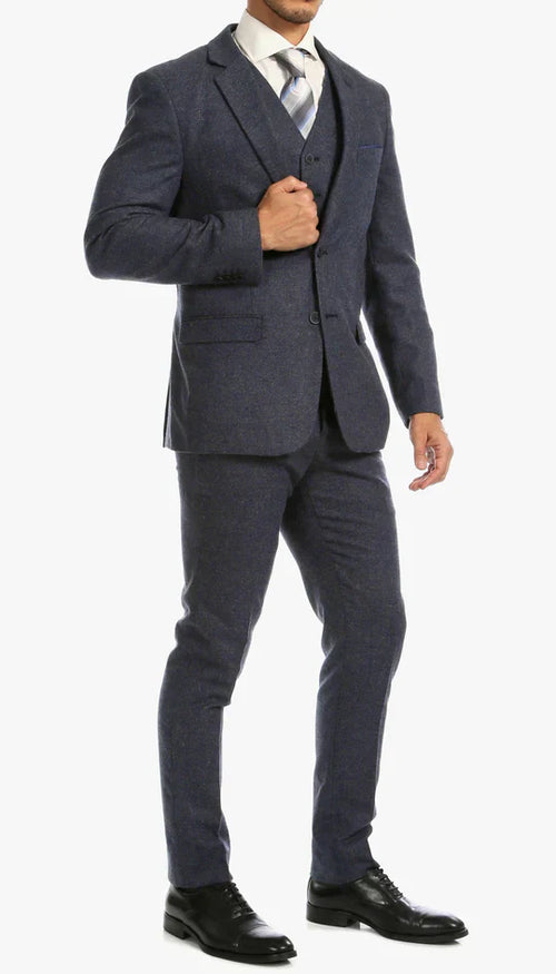 Men’s Navy Blue Herringbone Tweed 1920s 3 Piece Suit with Overcoat – Vintage Peaky Blinder Style Formal Suit Set with Blazer, Waistcoat + Overcoat + Hat