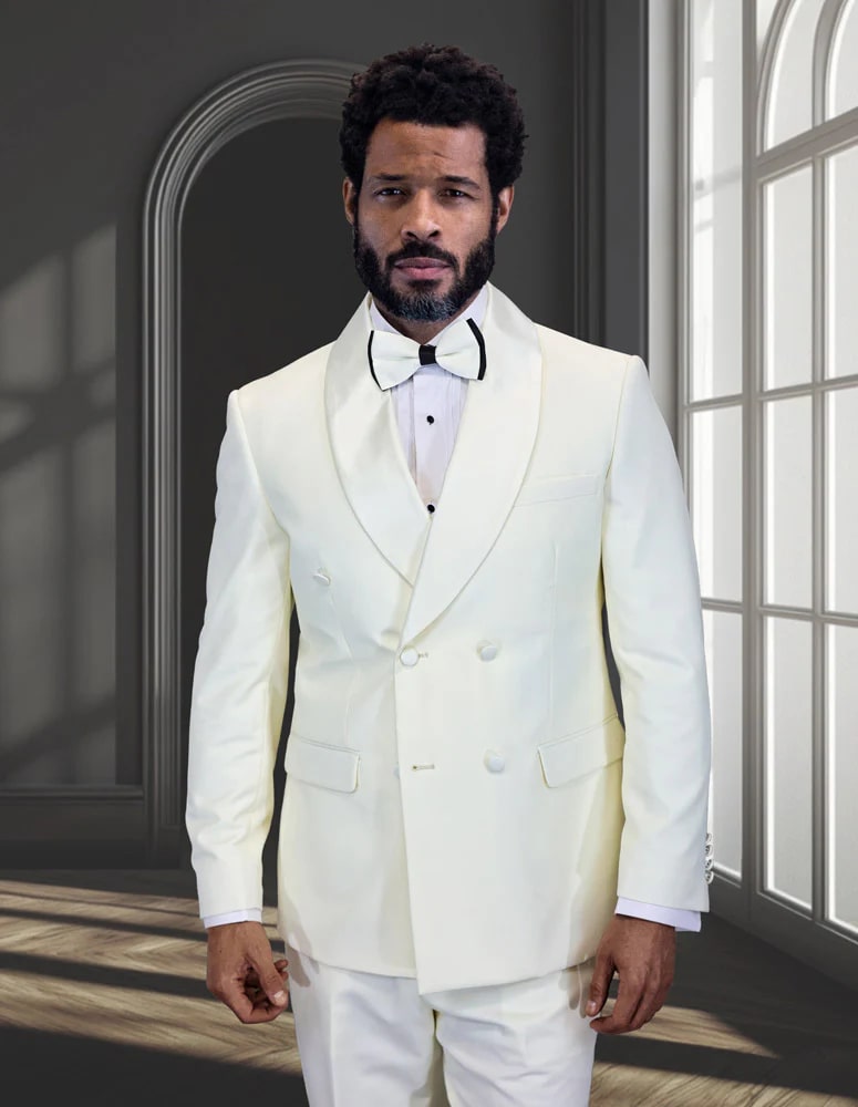 Mens Off-White Double Breasted Tuxedo Jacket with Shawl Lapel | Formal Wedding Suit in Ivory Cream Color - 34 Short or Extra Small