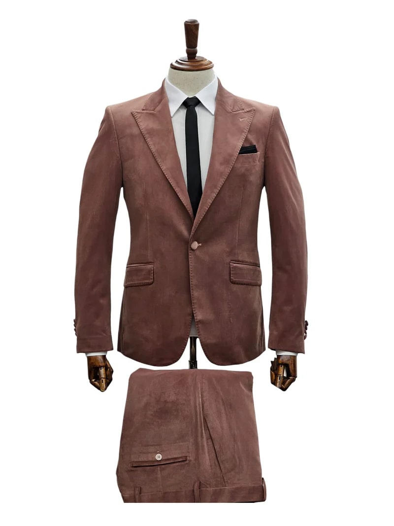Mens Mauve Velvet Suit – 2 Piece Ultra Slim Fit Blazer and Pants Formal Set in Light Brown Tuxedo - 36R