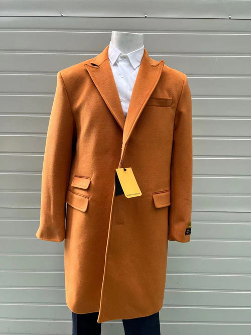 Mens Orange - Rust Wool Blend Long Overcoat Topcoat Carcoat Topcoat