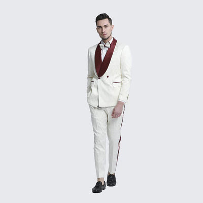 Mens Ivory and Burgundy Jacquard Tuxedo Suit Luxury Slim Fit 3-Piece Formal Wedding, Prom, and Gala Outfit in Cream Off White Color