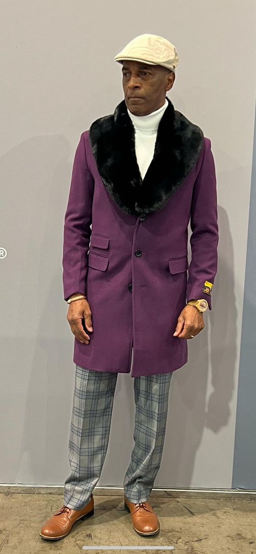 Mens Purple Wool Overcoat with Black Faux Fur Collar Luxury Winter Dress Coat for Formal and Casual Wear