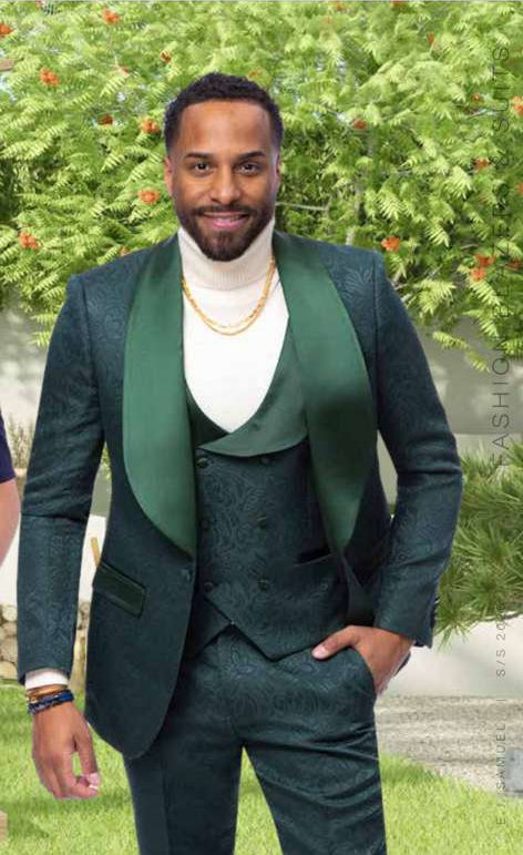 Mens Hunter Green Wedding Tuxedo Suit β Paisley Pattern Three Piece Formal Suit Set with Shawl Lapel for Groom, Prom in Emerald green