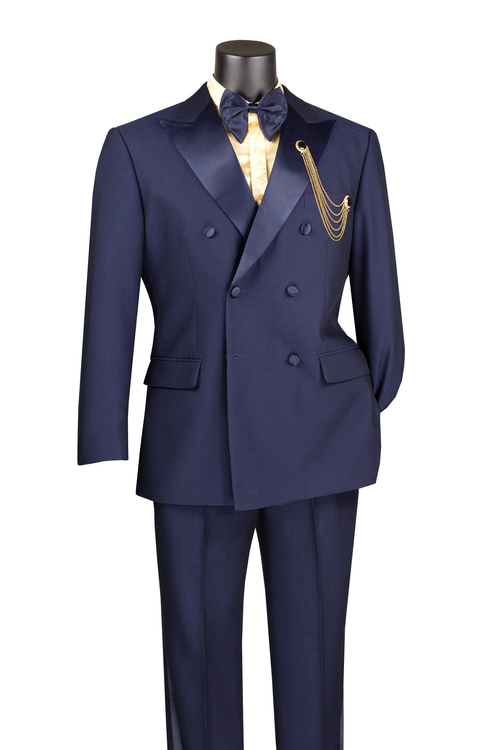 Mens Navy Blue Double-Breasted Tuxedo with navy Satin Peak Lapel Wedding Suit