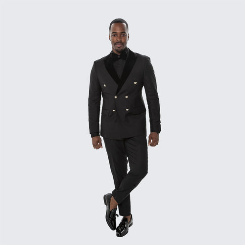 Mens Black Double Breasted Tuxedo Suit Luxury Formal Dinner Jacket Gold Buttons Velvet Lapel