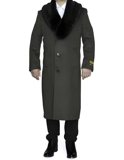 Mens Full Length Olive Overcoat with Black Fur Collar Luxury Wool Fabric Winter Long Coat in Hunter Green