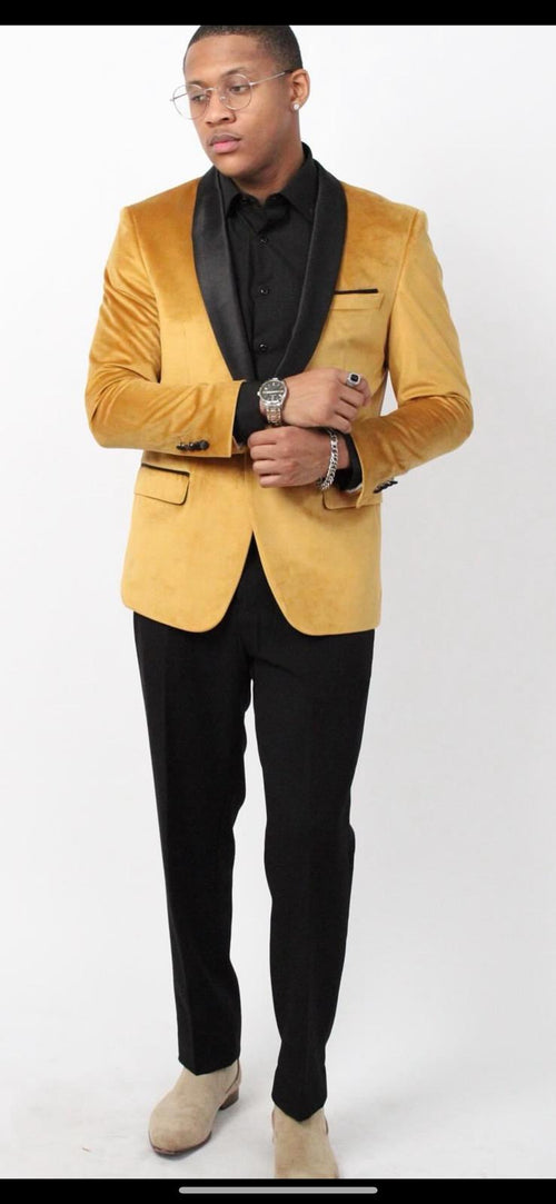 Mens Mustard Gold Velvet Tuxedo Jacket Slim Fit Dinner Blazer with Black Satin Shawl Lapel + Free Black Pants & Bowtie