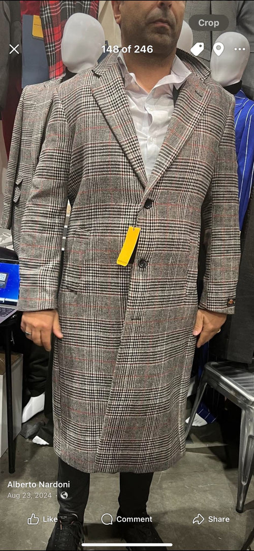 Mens Full length Long Plaid Overcoat – Classic Checkered Wool Blend Winter Coat in Gray Color Checkered