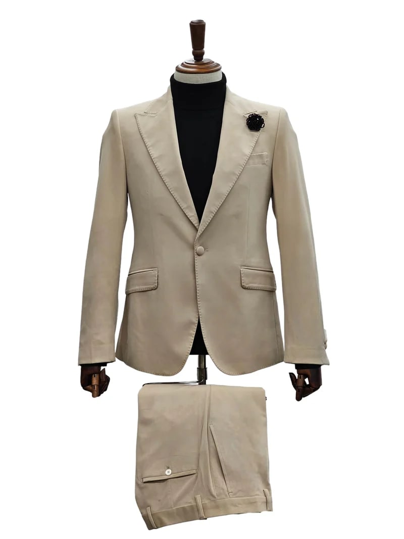 Mens Sand Beige Velvet Tuxedo Suit – 2 Piece Slim Fit Blazer and Pants Formal Set - Winter Fabric Natural Color - 34 Short or Extra Small