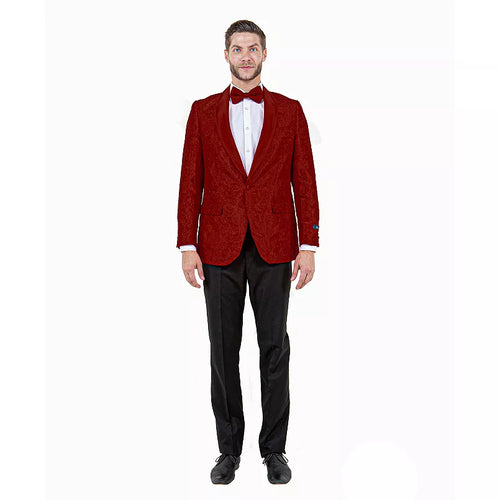 Big and Tall Mens Burgundy Paisley Tuxedo Jacket Satin Shawl Lapel Blazer with Bow Tie for Weddings, Proms, and Special Events