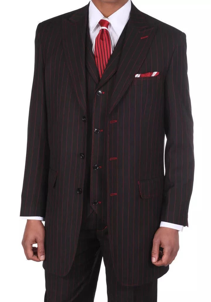 Mens Black and Red Pinstripe Zoot Suit – 1920s Gangster Vintage 3-Piece Suit for Formal, Prom, and Themed Events - 34 Short or Extra Small