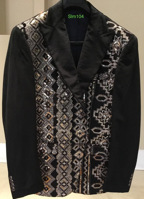 Mens Black and White and Silver Sequin Embroidered Blazer Luxury Designer Party Wear with Geometric Detailing