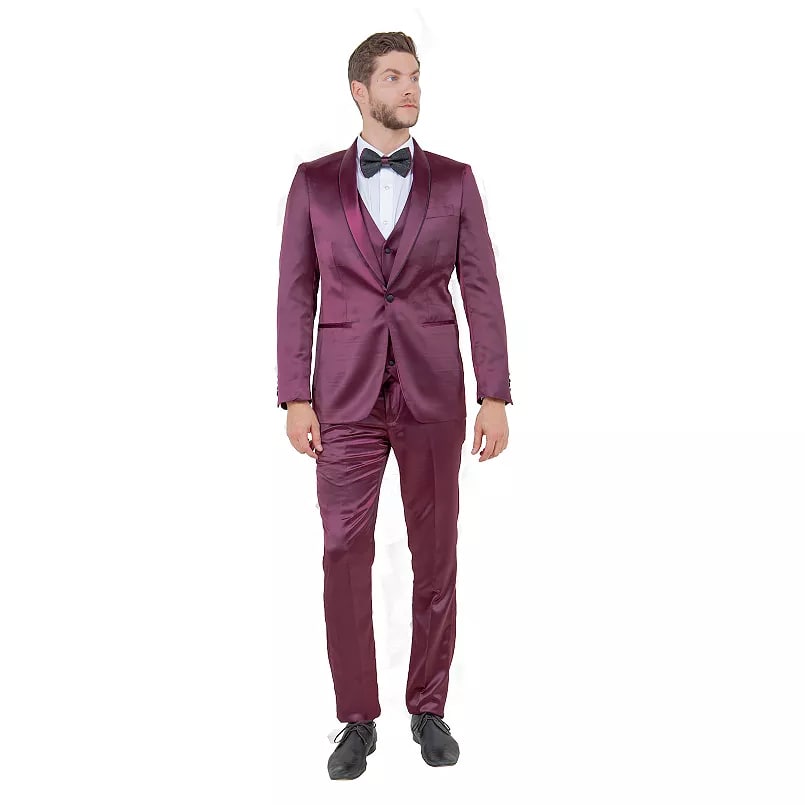 Mens Sateen Shiny Burgundy Slim Fit Tuxedo – Satin Shawl Lapel 3-Piece Suit - 34 Short or Extra Small