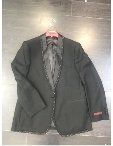 Mens Classic Black Designer Tuxedo Suit with Beaded Lapel – Elegant Formal and Party Wear Jacket and Pants - S