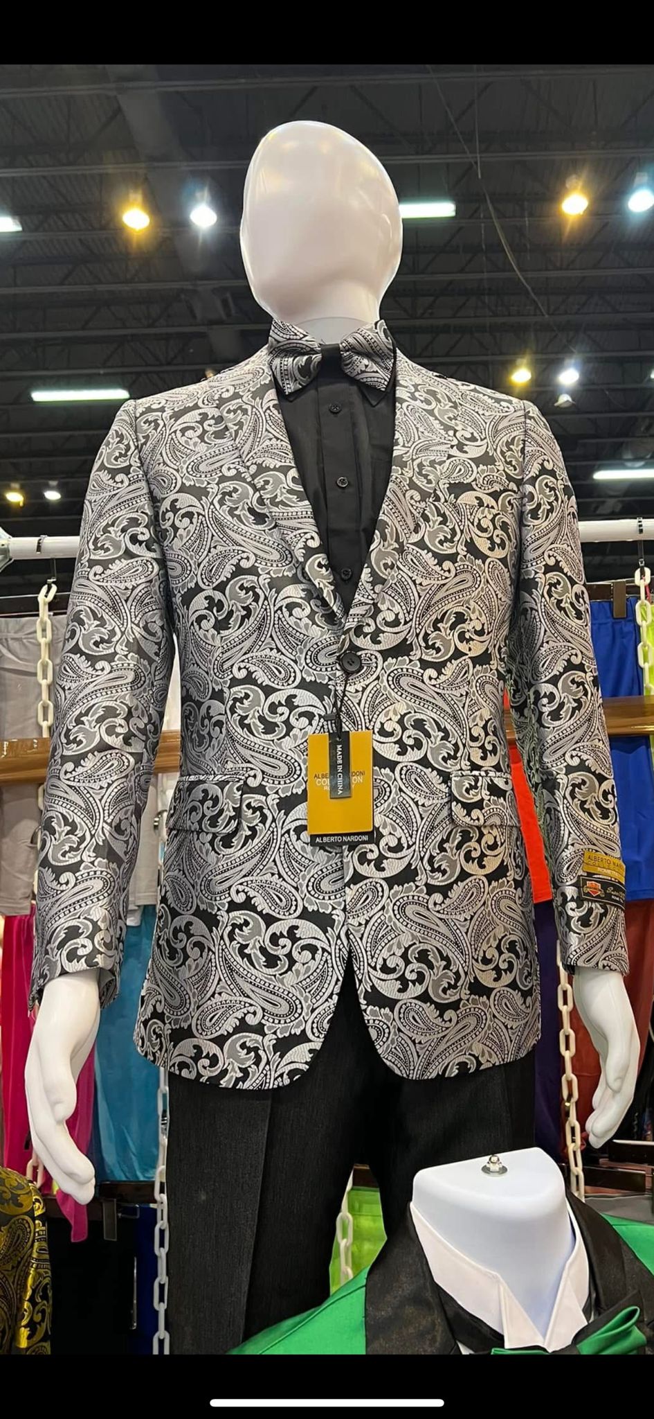 Men’s Black and Silver Paisley Tuxedo Jacket – Slim Fit Dinner Blazer with Matching Bow Tie with Black Pants - Small