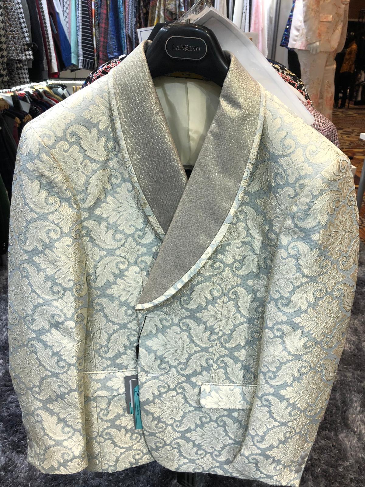 Men’s Champaign Silver and Cream Embroidered Luxury Blazer – Floral Pattern Wedding & Party Dinner Jacket in Light Tan Color - 36 Short