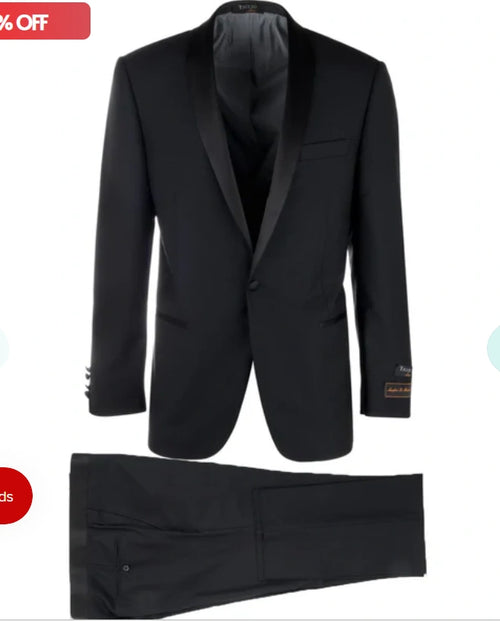 Tiglio Designer Mens Black Single Button Tuxedo Suit Formal Black Business and Wedding Suit Shawl Collar Super 150's Wool Fabric