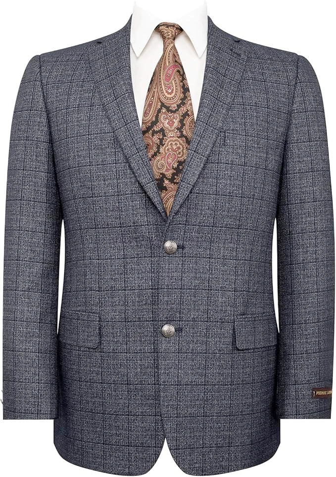 Mens Charcoal Gray Windowpane Check Blazer Classic Two Button Formal Sport Coat Jacket