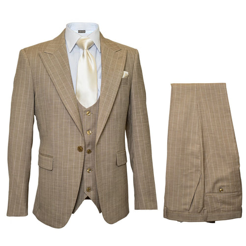 Men's Beige Pinstripe Three-Piece Vested Suit Tailored Fit Business Attire in Tan Stripe by Rossiman