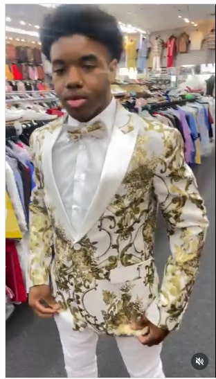 Mens White and Gold Floral Tuxedo Jacket with Satin Lapel Luxury Prom, Wedding, and Formal Dinner Blazer