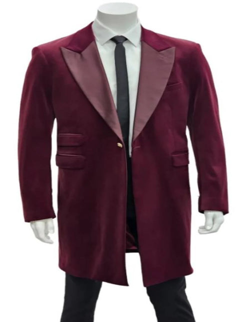 Mens Burgundy Tuxedo in Velvet Long Blazer Victorian Cutaway Tuxedo Suit 1920s Gangster Style Long Jacket with Black Pants