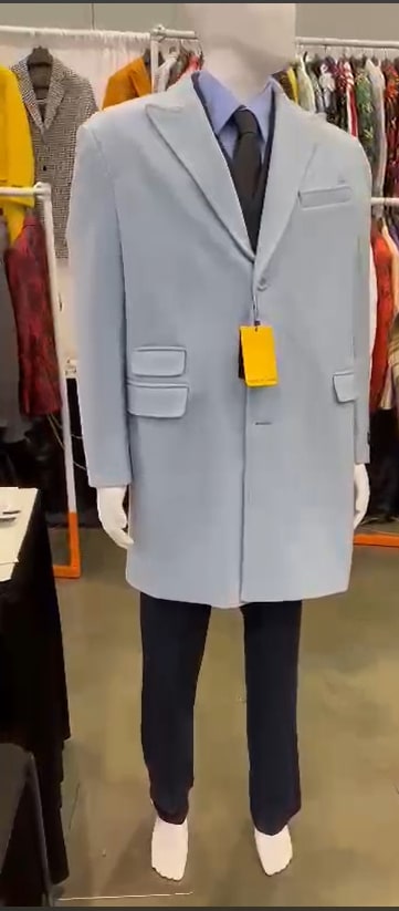 Mens Light Blue Wool Overcoat Modern Long Coat with Classic Tailored Fit in Sky Blue
