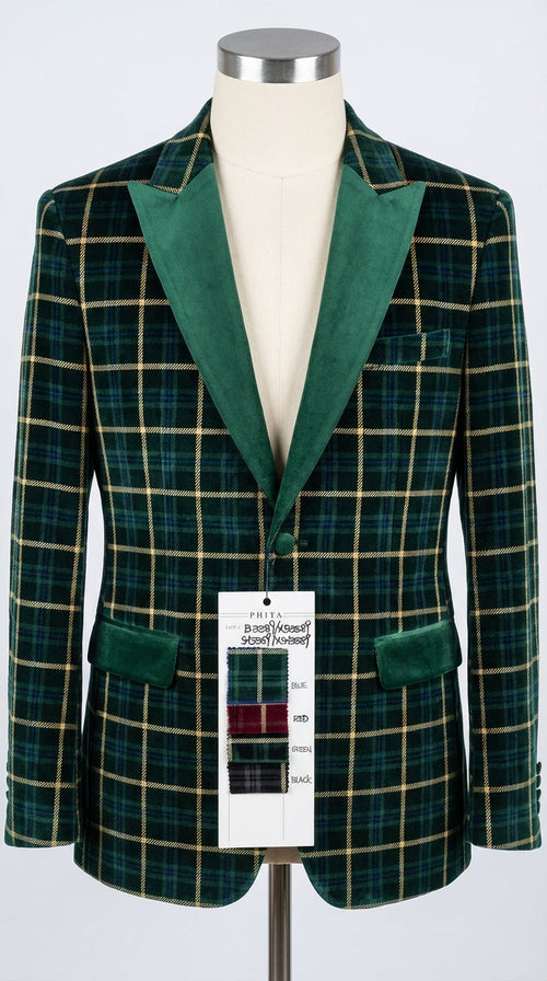 Mens Tartan Green and Gold Check Blazer – Windowpane Plaid Sport Coat Velvet Lapel Plaid Christmas Holiday New Year Jacket