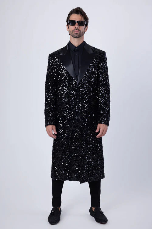 Mens Black Sequin Long Coat with Satin Shawl Lapel Luxury Statement Evening Overcoat