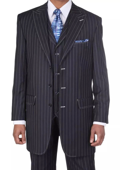 Mens Three Button Suits - Navy Blue Pinstripe Three-Piece Suit Classic Business and Formal Wear with Tailored Fit