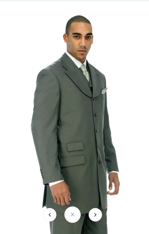 Mens 1920s Gray Zoot Suit 4 Buttons Gangster Wide Lapel Long Jacket 3-Piece Suit in Grey Color Classic Fit Pleated Pants