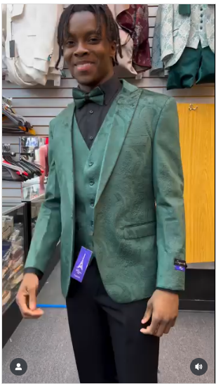 Mens Emerald Green Paisley Tuxedo 3-Piece Suit Slim Fit Formal Blazer, Vest, and Pants for Weddings, Proms