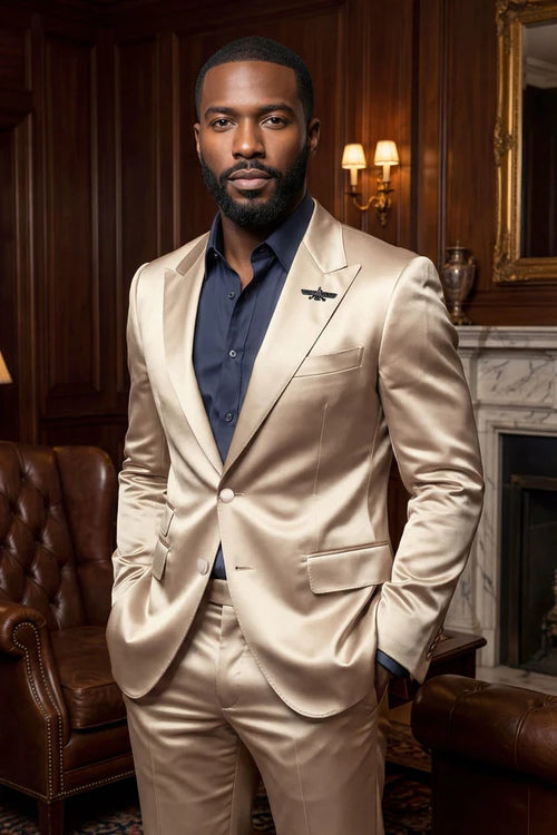 Mens Shiny Champagne Gold Two Piece Suit Luxury Formal Satin Finish Suit for Wedding, Party and Evening Wear