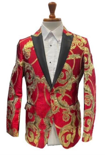 Men's Red and Gold Baroque Tuxedo Jacket with Black Satin Shawl Lapel - 34 Short or Extra Small