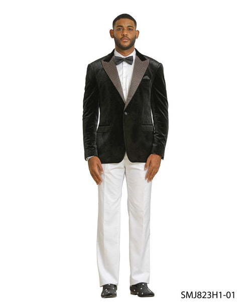 Mens Black Velvet Tuxedo Blazer with Studded Lapel Formal Evening Jacket