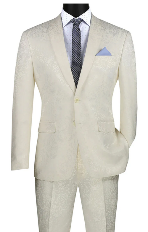 Men’s Ivory Paisley Shiny Suit – Flroal Formal Wedding and Prom Suit for Party, in Cream Off White