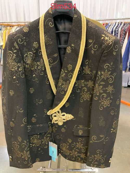 Mens Black and Gold Embroidered Luxury Blazer Designer Floral Pattern Wedding & Party Jacket (Sim534)