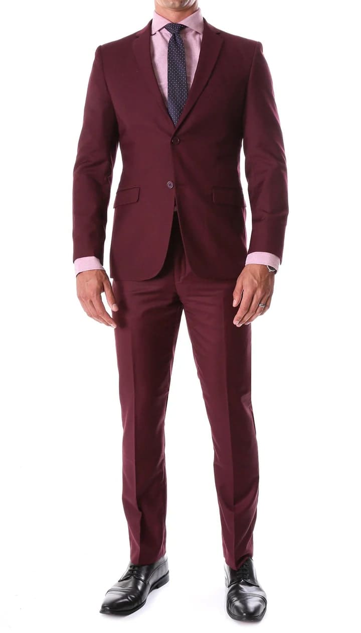 Oslo Burgundy Notch Lapel 2 Piece Slim Fit Suit - 38 Short Jacket+32 Waist Adjustable 28to34)(Height: 5 4 to5 7 )(Neck 15-16.5)S-M)