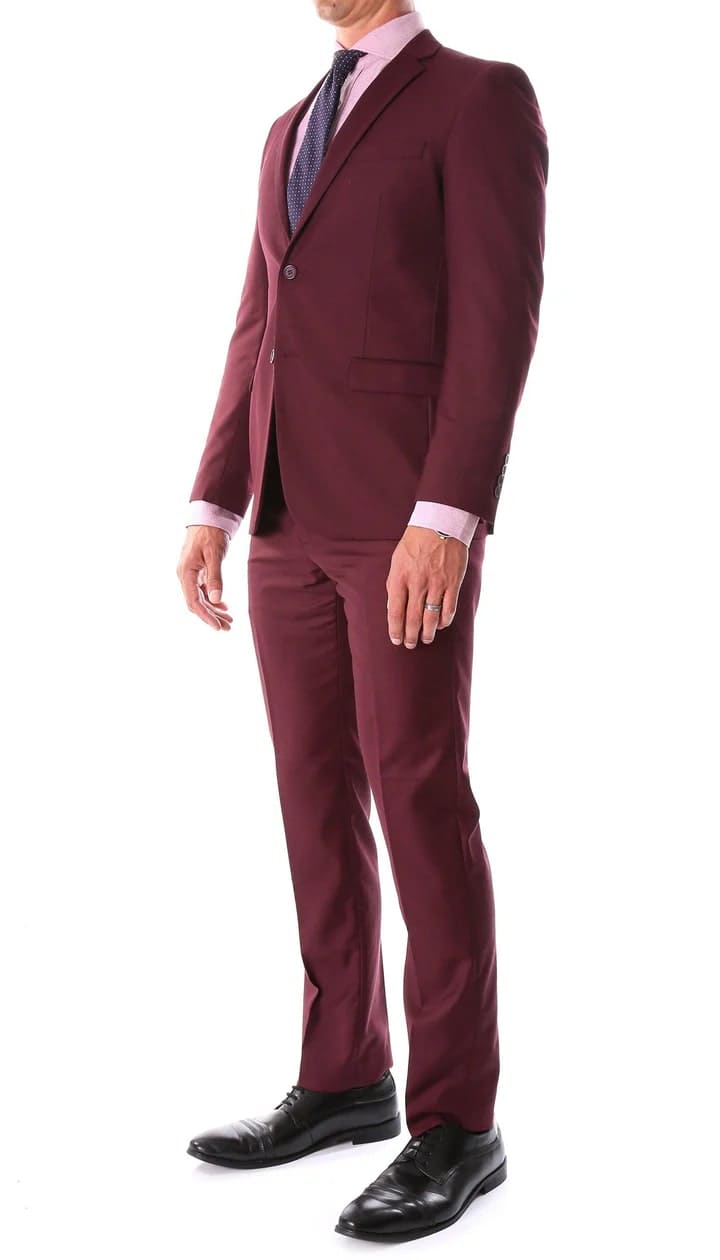 Oslo Burgundy Notch Lapel 2 Piece Slim Fit Suit - 38 Short Jacket+32 Waist Adjustable 28to34)(Height: 5 4 to5 7 )(Neck 15-16.5)S-M)