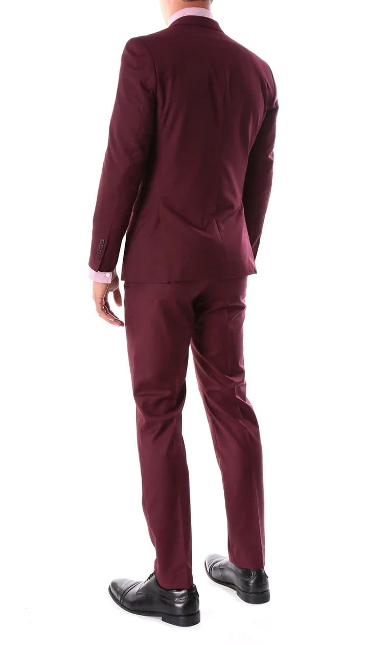 Oslo Burgundy Notch Lapel 2 Piece Slim Fit Suit - 38 Short Jacket+32 Waist Adjustable 28to34)(Height: 5 4 to5 7 )(Neck 15-16.5)S-M)