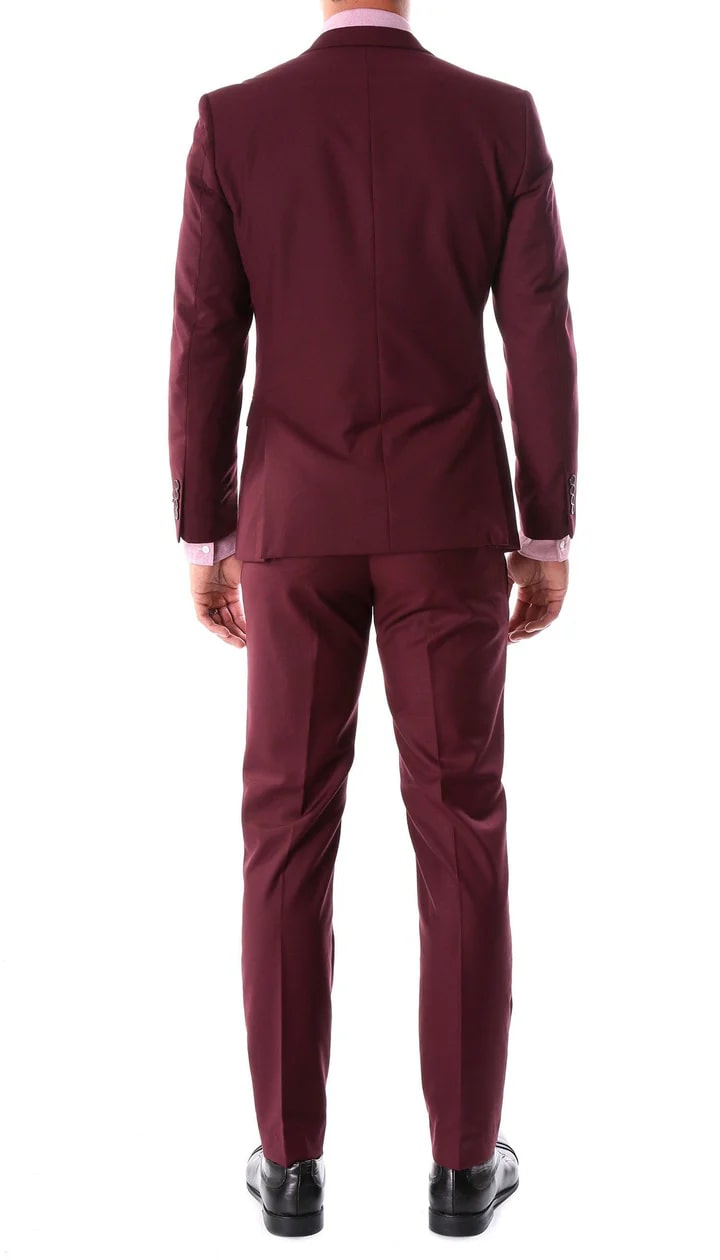 Oslo Burgundy Notch Lapel 2 Piece Slim Fit Suit - 38 Short Jacket+32 Waist Adjustable 28to34)(Height: 5 4 to5 7 )(Neck 15-16.5)S-M)
