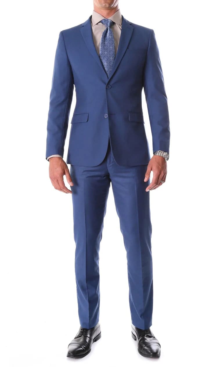 Oslo Indigo Blue Slim Fit Notch Lapel 2 Piece Suit - 38 Short Jacket+32 Waist Adjustable 28to34)(Height: 5 4 to5 7 )(Neck 15-16.5)S-M)