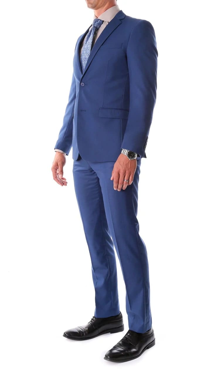 Oslo Indigo Blue Slim Fit Notch Lapel 2 Piece Suit - 38 Short Jacket+32 Waist Adjustable 28to34)(Height: 5 4 to5 7 )(Neck 15-16.5)S-M)