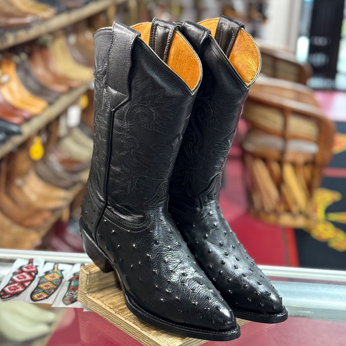 Black Ostrich Print Cowboy Boots J-Toe - Black